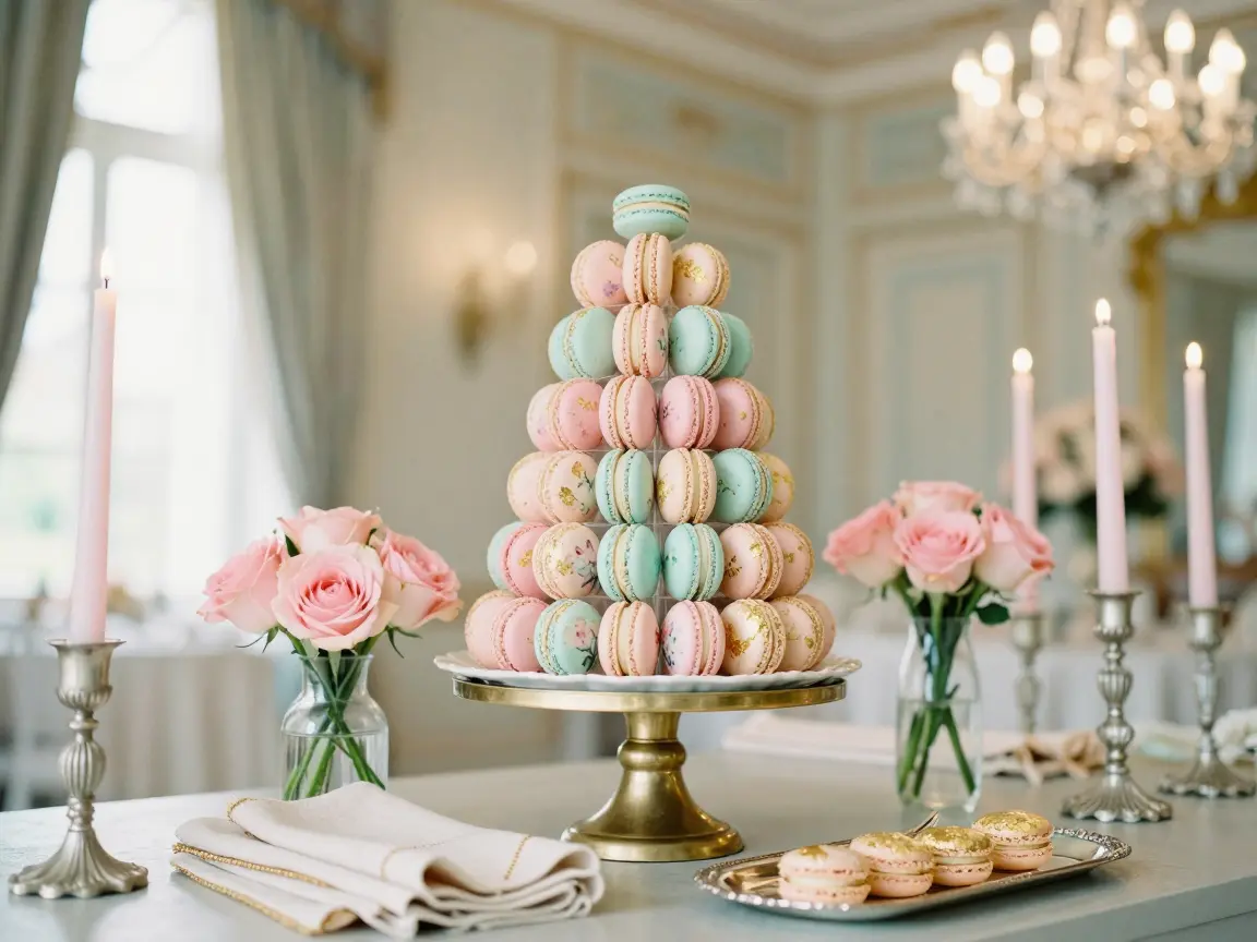 Tower of pastel hand-painted macarons on a vintage porcelain pedestal