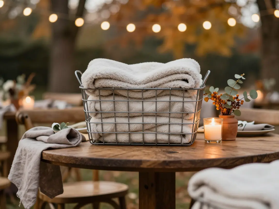 Wire crate of folded fleece throw blankets beside outdoor ceremony seating