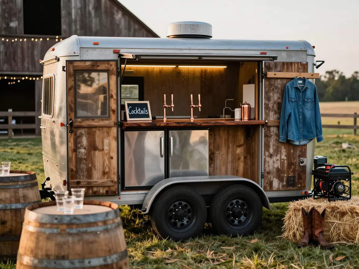 Repurposed horse trailer converted into a mobile draft beer bar