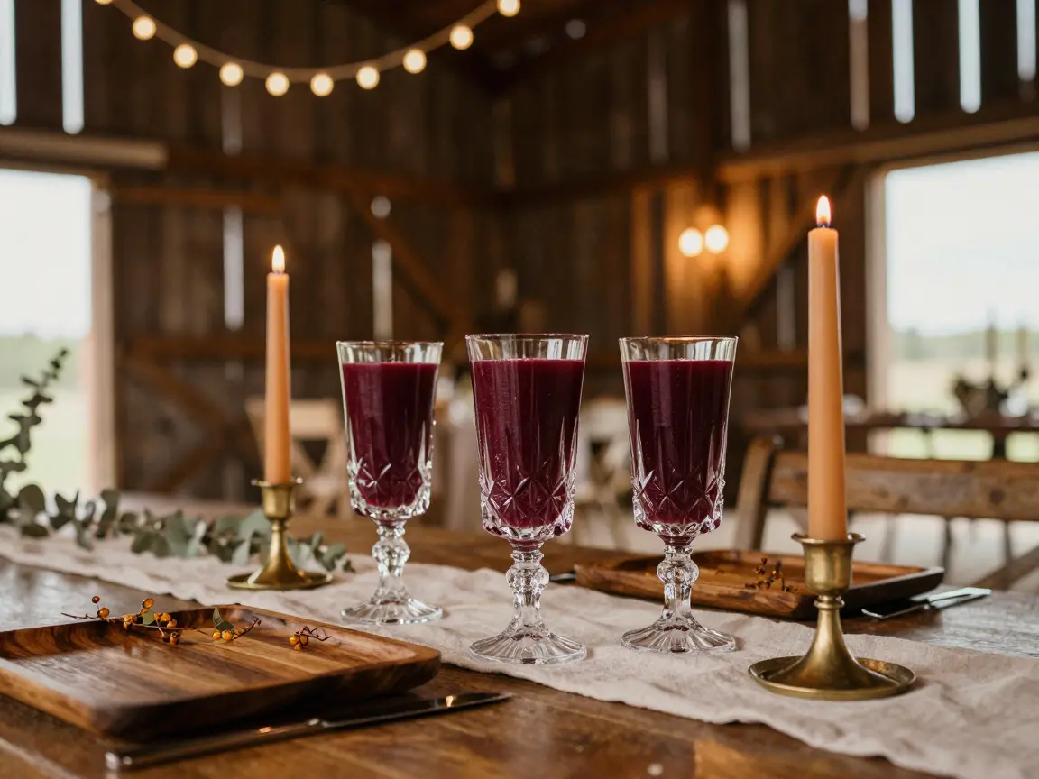 Berry and ochre taper candles in tall hurricane glasses at staggered heights