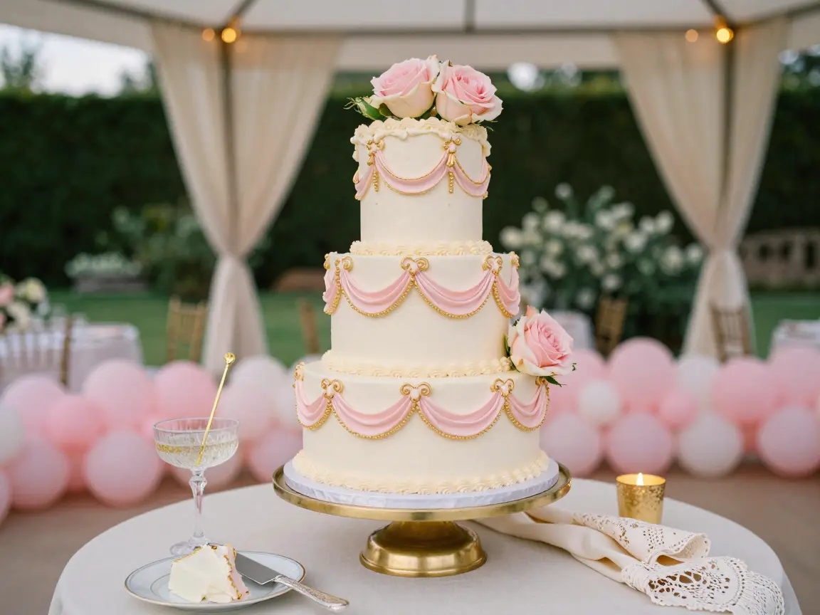 Wedding cake with intricate Lambeth-style royal icing swags and scrolls