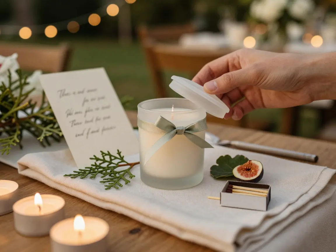 Hand-poured soy candle in frosted glass tied with a ribbon