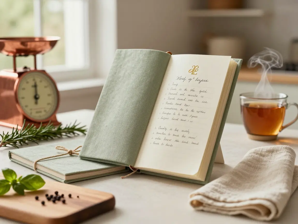 Linen-covered recipe journal with handwritten recipes