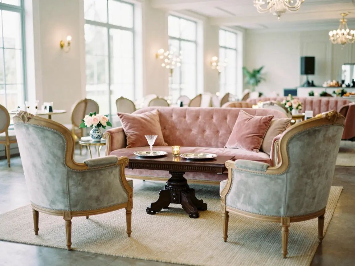 Dusty-rose velvet loveseat and tufted armchairs forming a wedding lounge vignette