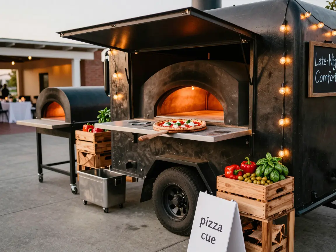 Wood-fired pizza oven trailer serving pizzas at a late-night wedding reception