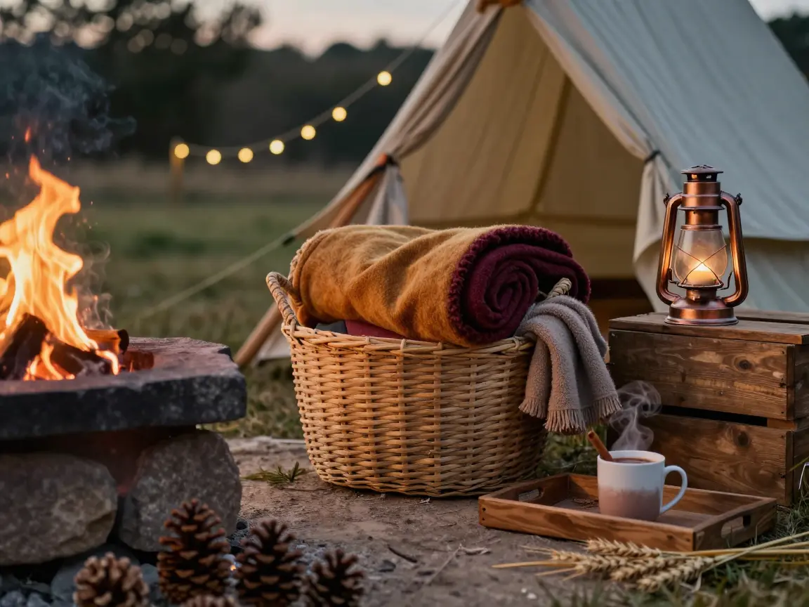 Rolled wool blankets in woven baskets for guests on a chilly evening