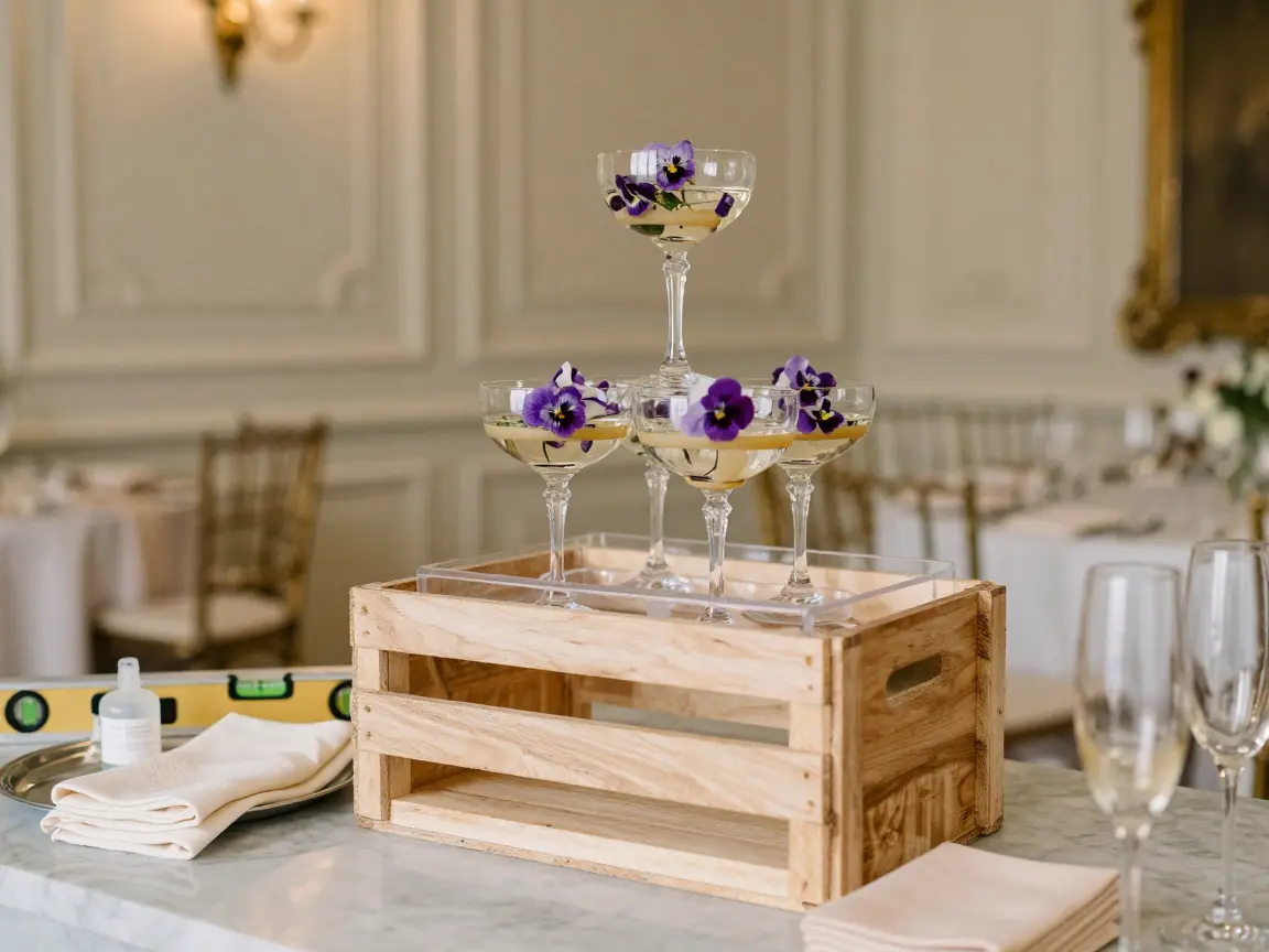 Champagne coupe tower topped with edible pansies on a rimmed tray