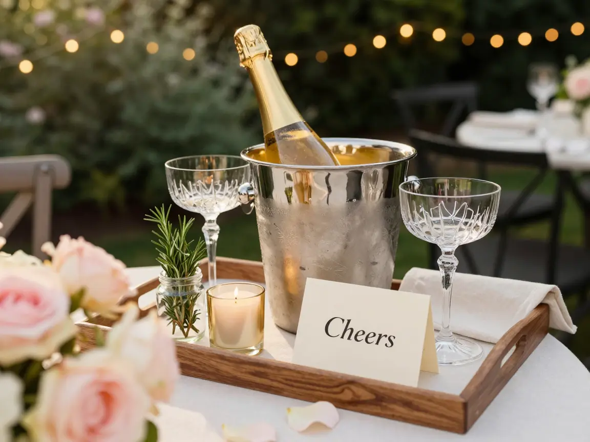 Chilled half-bottle of champagne with two vintage crystal coupe glasses