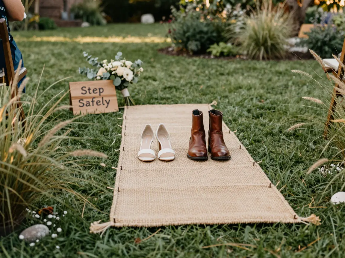 Seagrass aisle runner staked over a lawn for a country wedding ceremony