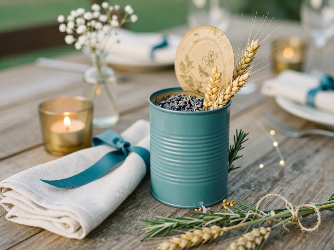 9. Upcycled Tin Cans with Lavender and Wheat Ears