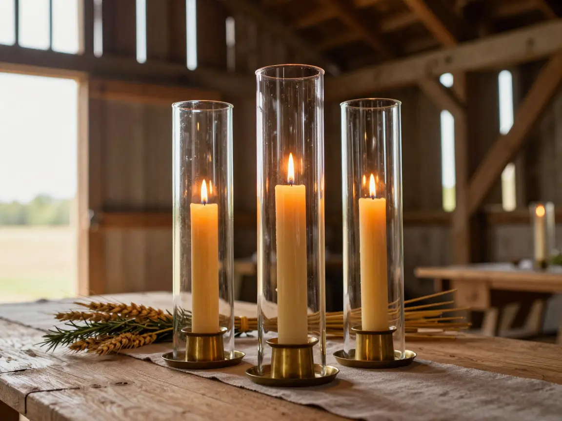 Honey-toned beeswax taper candles inside tall glass chimneys with brass holders