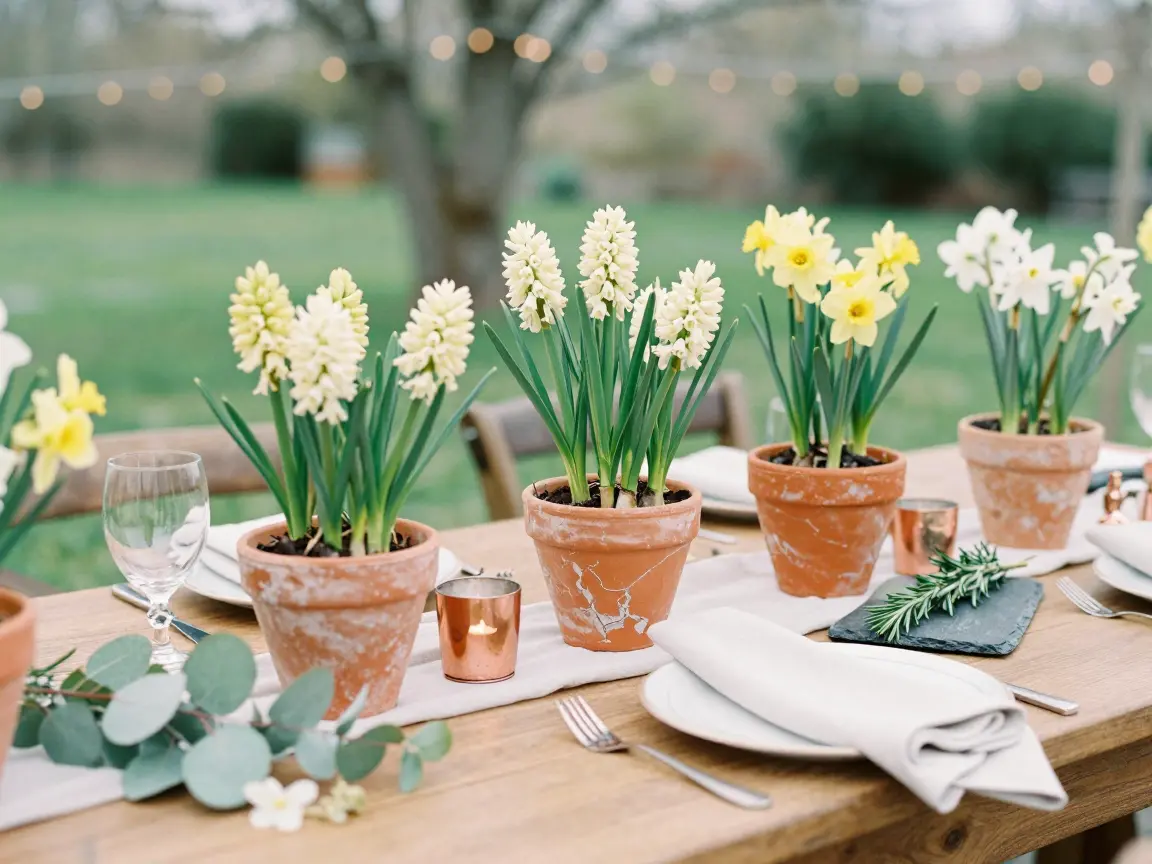 Weathered terracotta pots holding muscari and miniature daffodils on a wooden table