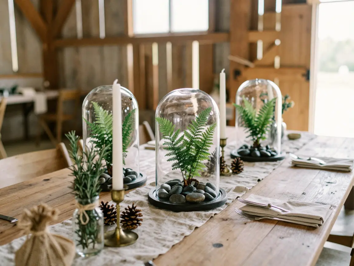 Clear glass cloches covering small ferns on a wooden table