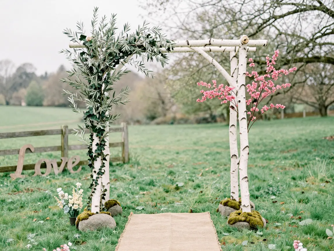 Birch branch ceremony arbor on a spring lawn with trailing greenery
