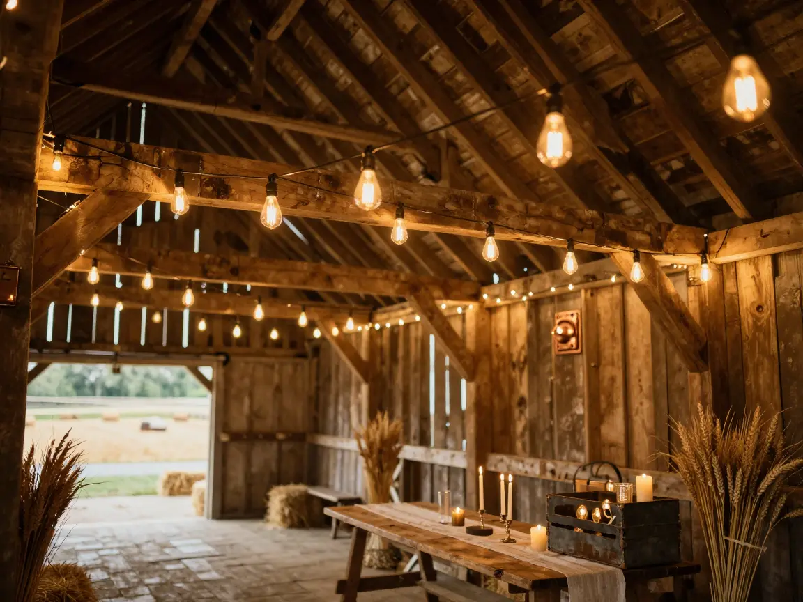 Amber Edison-style string lights swagged across exposed barn rafters