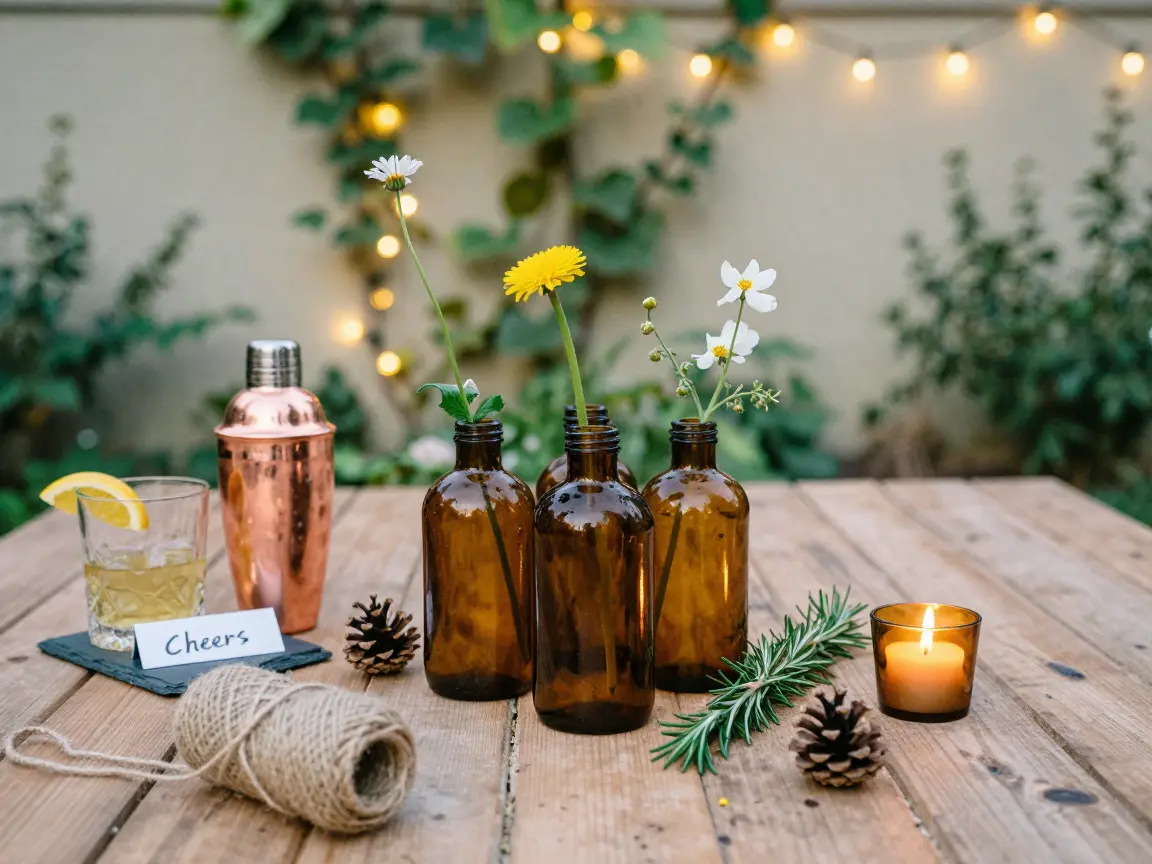 Mismatched amber glass bottles each holding a single wildflower stem