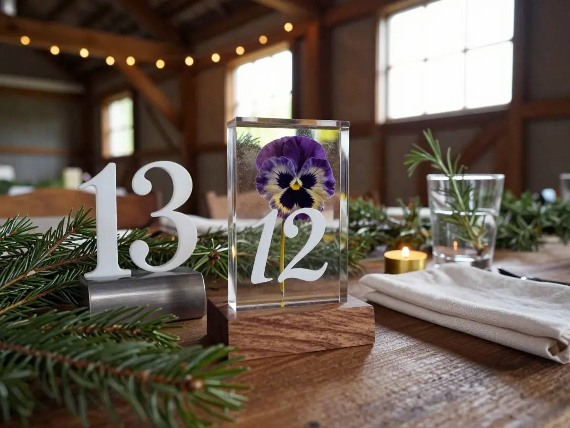 Clear resin table numbers with pressed pansies set in walnut wood bases