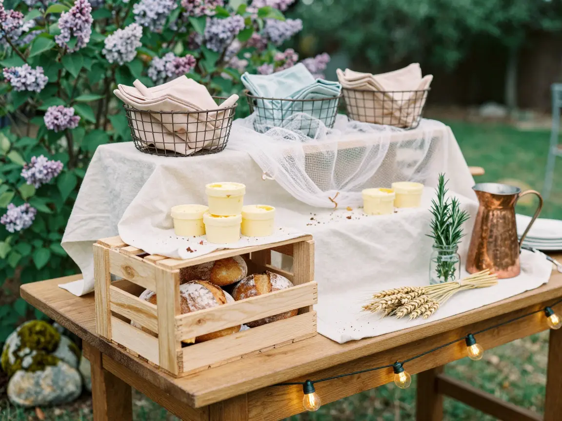 Stacked apple crates holding sourdough boules, honey butter, and napkins