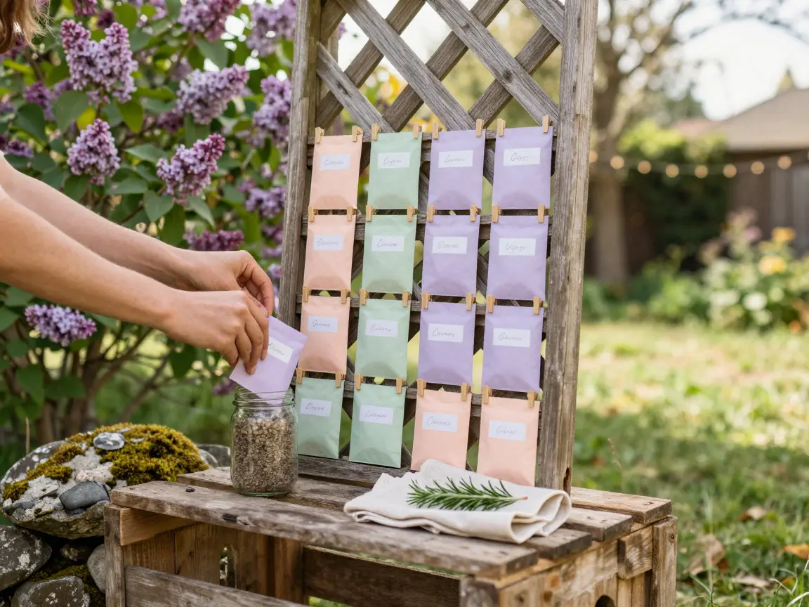 Weathered cedar trellis holding seed-packet escort cards with wooden pegs