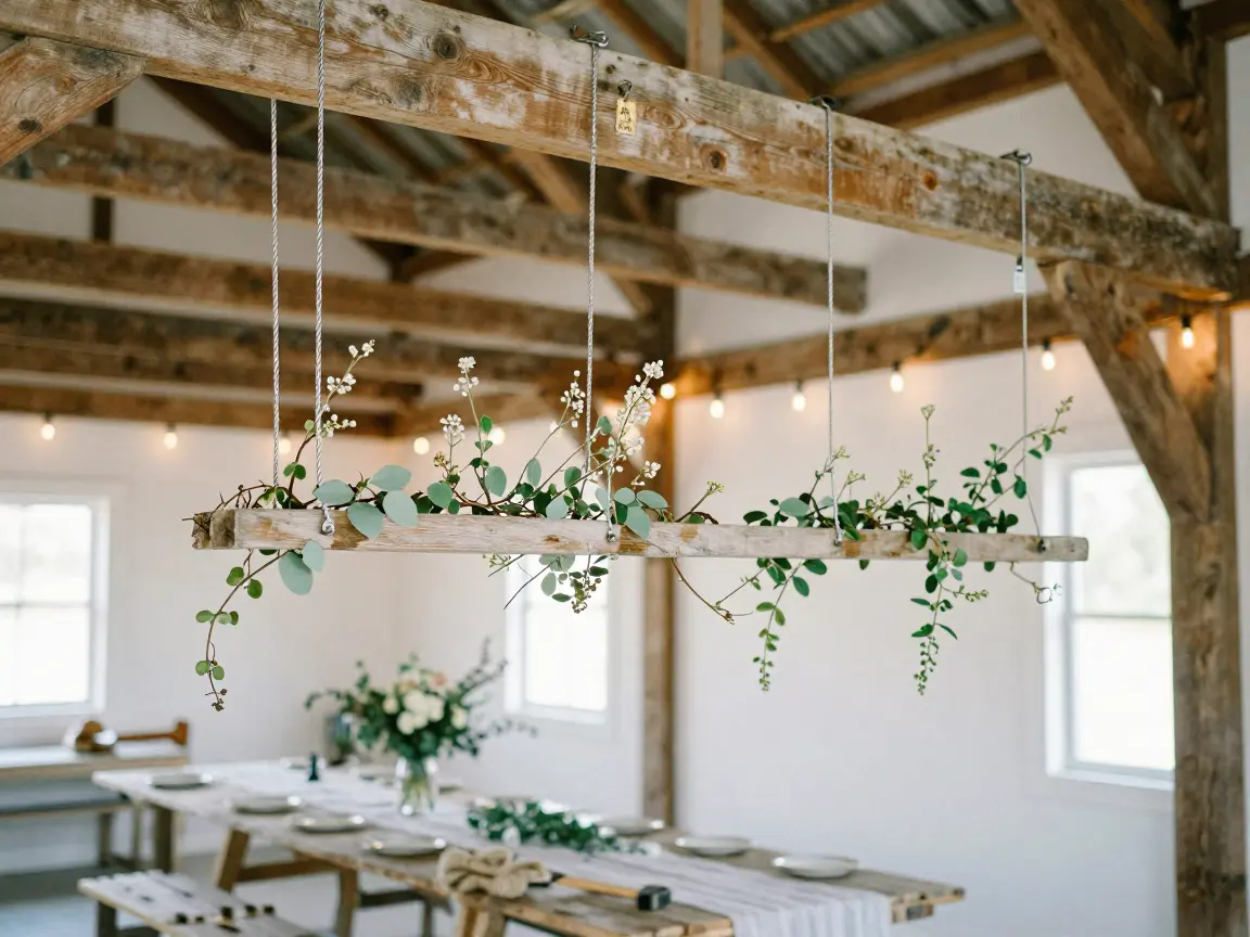 Reclaimed wooden ladder hung from barn beams with trailing smilax over dining tables