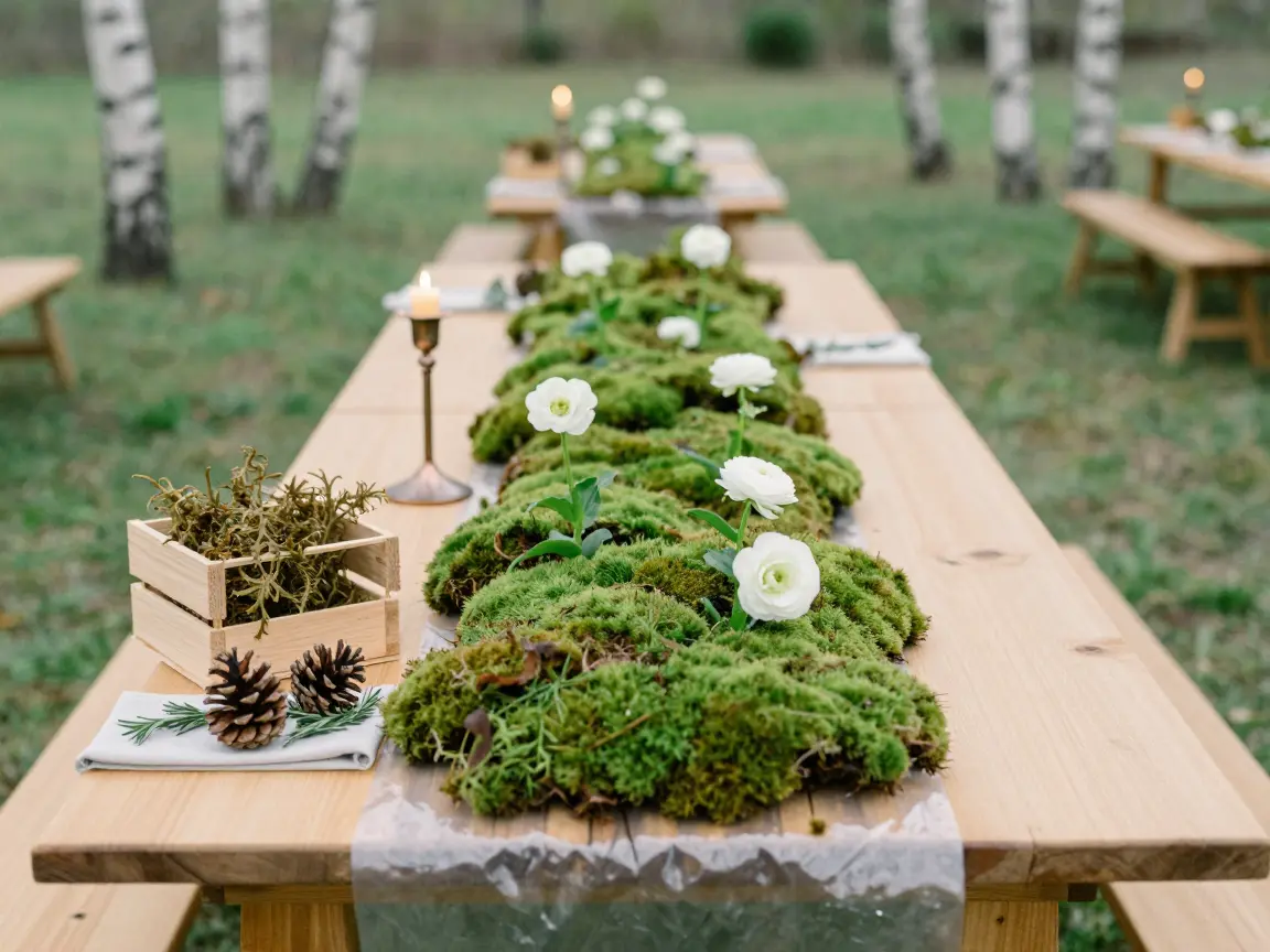 Unfinished pine farm table with a moss runner, one of 16 rustic spring wedding ideas