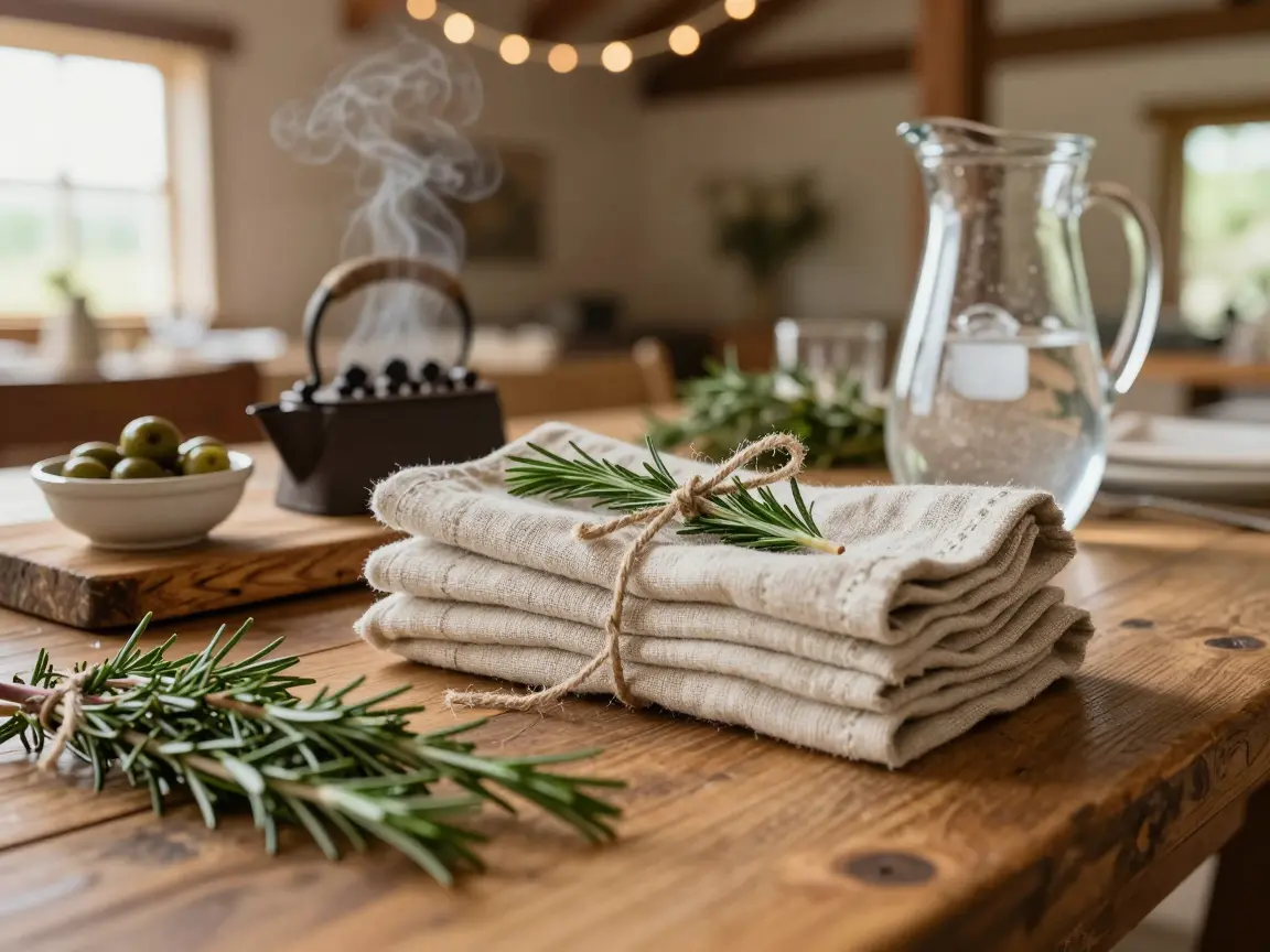 Oatmeal linen napkins tied with jute twine and a fresh rosemary sprig